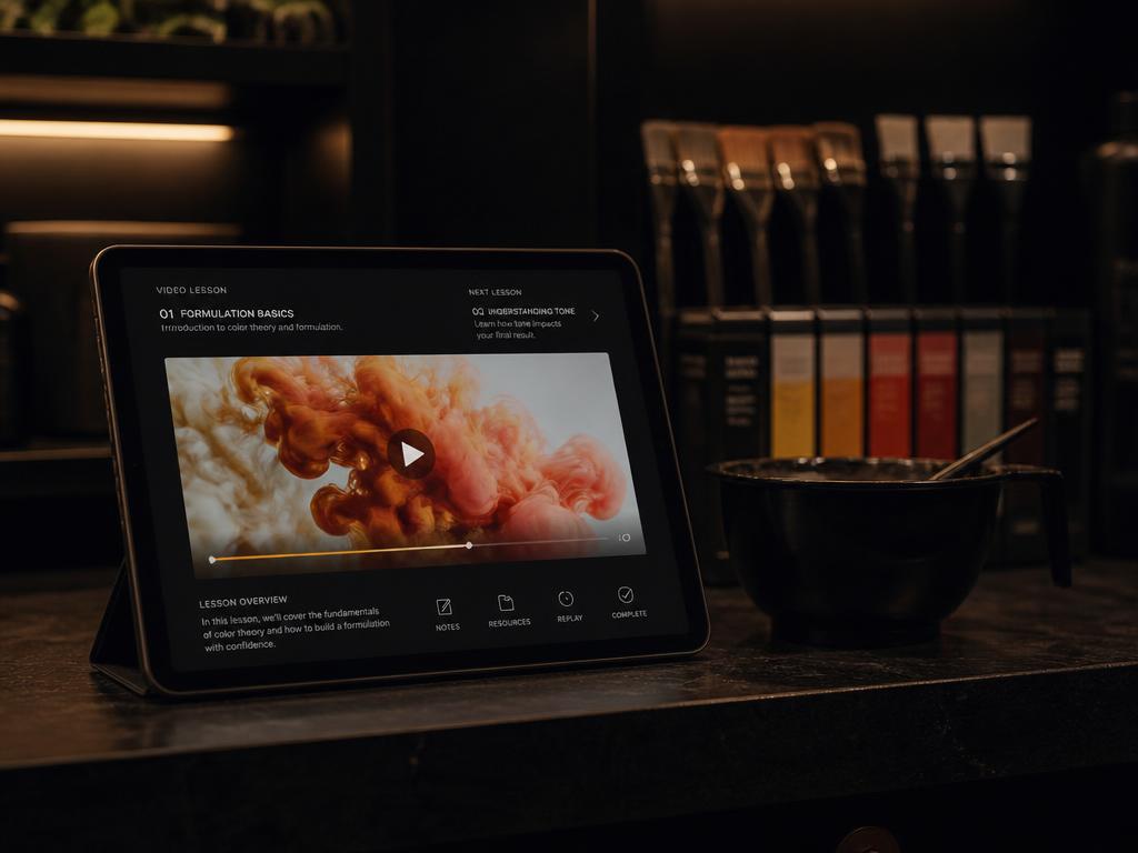 Tablet exibindo uma aula em vídeo sobre bancada de salão