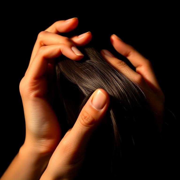 Mãos avaliando uma mecha de cabelo escuro em luz dourada